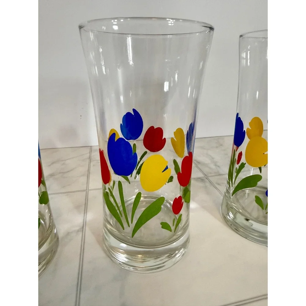 Vintage Federal Glass Tulip Tyme Tumblers Set of 4 Primary Colors Floral Glass